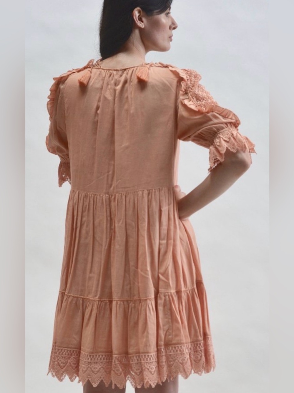 Ulla Johnson Peach Crochet-Trim Tiered Mini Dress - Picture 3 of 10